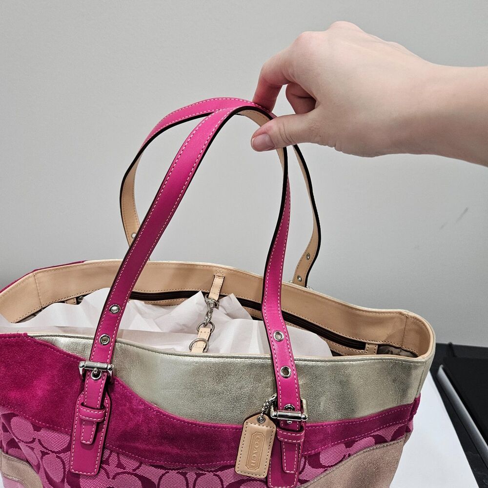 Vintage Coach Ltd Ed Signature Pink Wave Gallery Tote Bag Suede 1441 Multicolor - Picture 3 of 14